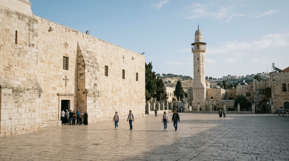 Visitors crossing Manger Square in Bethlehem on a calm morning, the question of whether it is safe to visit Bethlehem