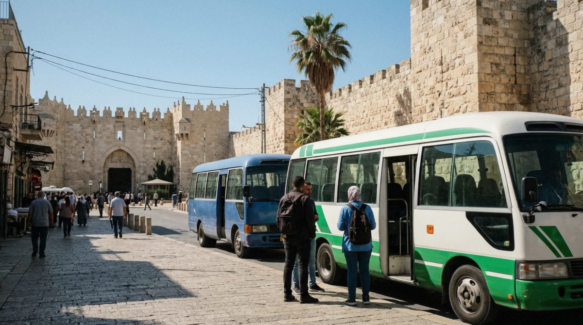 Buses waiting outside the Old City walls near Damascus Gate, where the way from Jerusalem to Bethlehem by bus begins