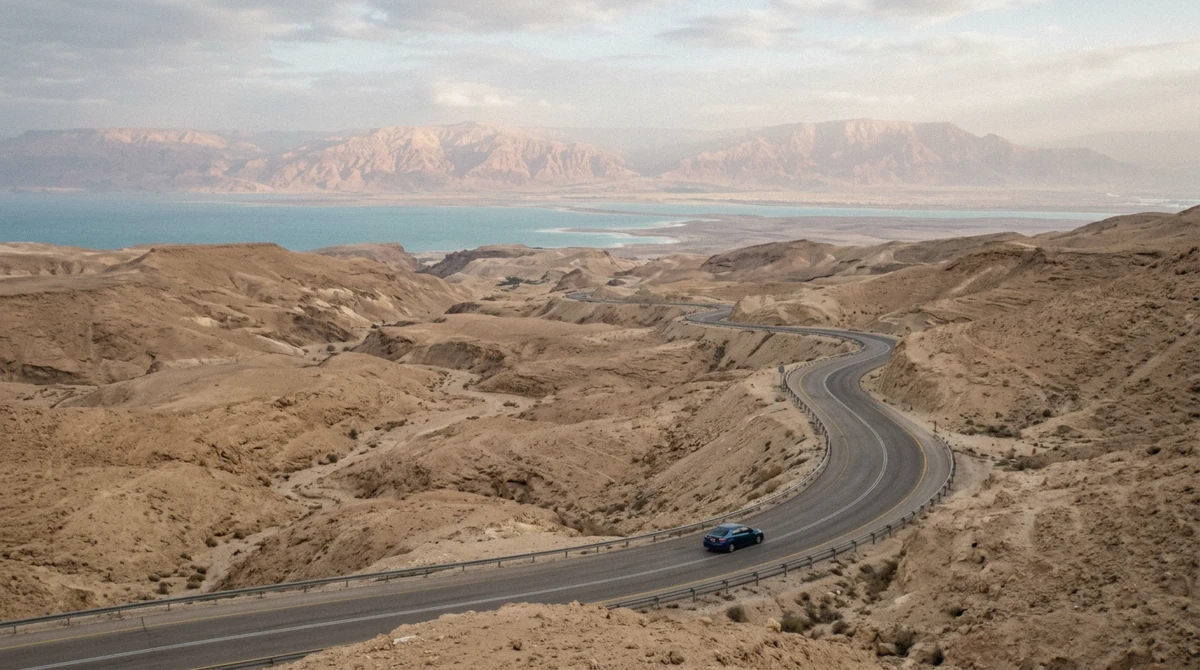 The road from Jerusalem winding down through the Judean Desert to the Dead Sea