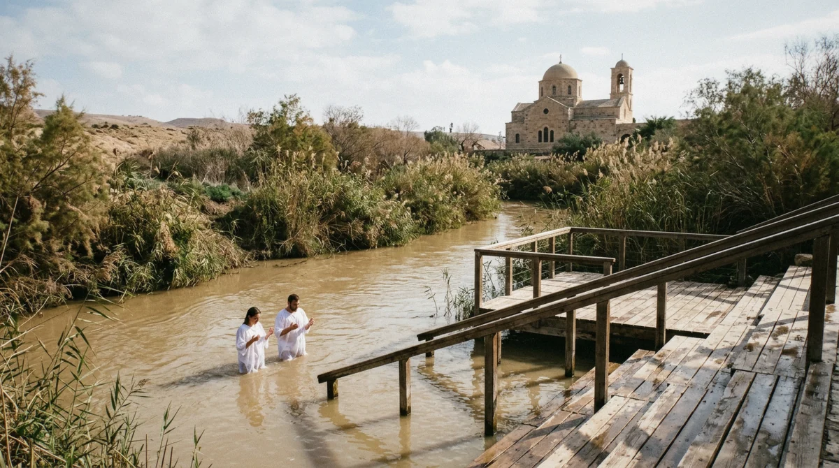 Pilgrims in white robes in the Jordan River at the Qasr al-Yahud baptism site