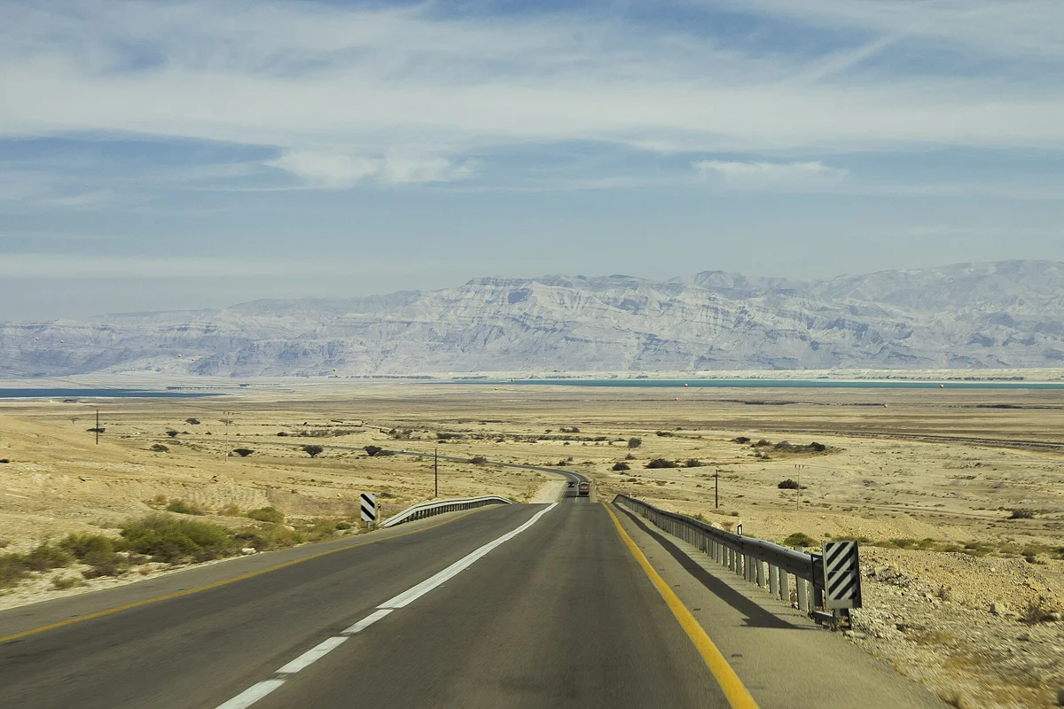The highway along the Dead Sea shore near Ein Bokek, the end of the drive from Jerusalem to the Dead Sea