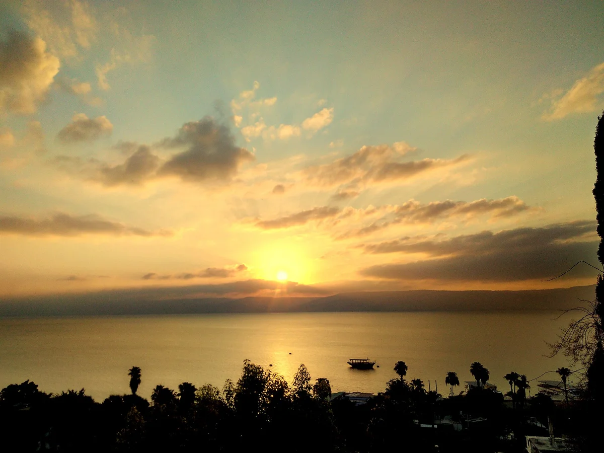 Sunrise over the Sea of Galilee from Tiberias, the bus base on the way from Jerusalem to the Sea of Galilee